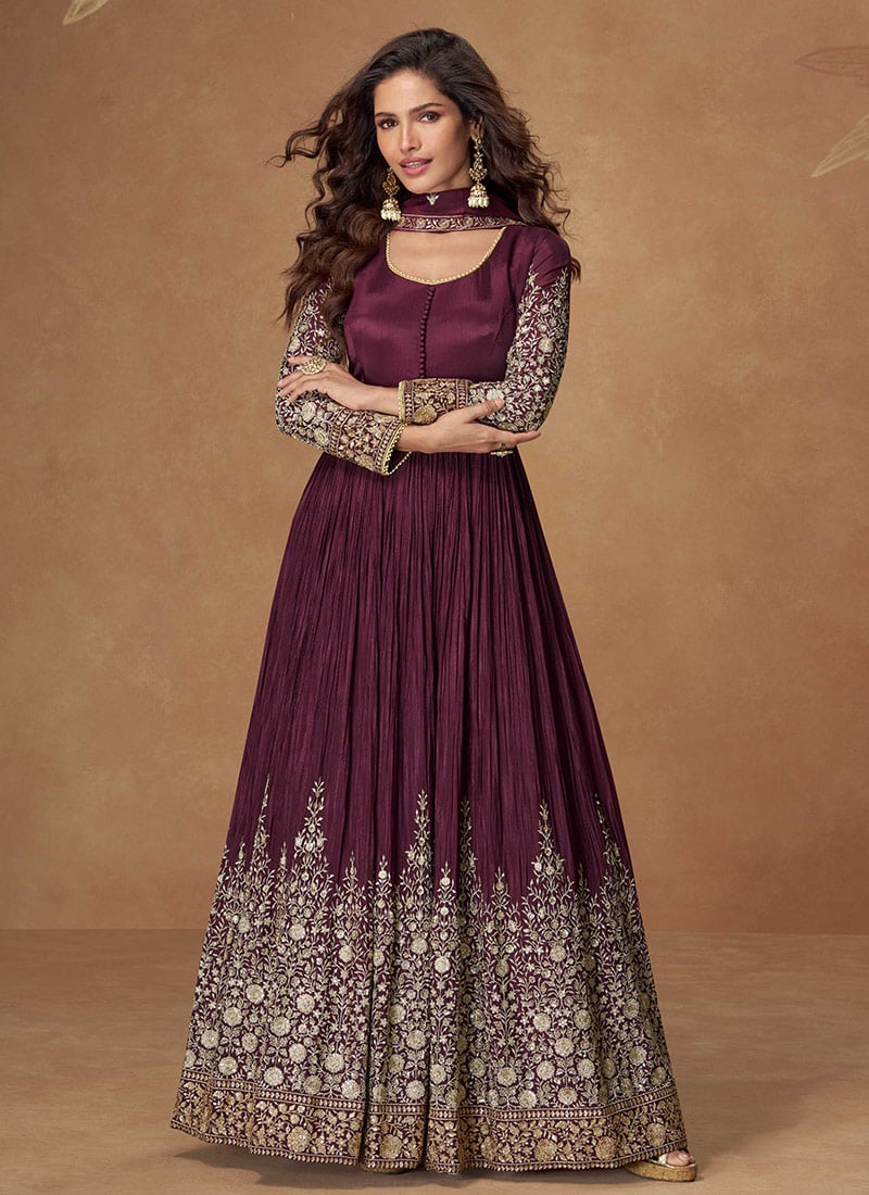 Wine Chinon Silk Zari And Thread Embroidered Sequins Anarkali Suit Festive Wear