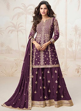 Wine Chinon Silk Zari Embroidered Palazzo Suit