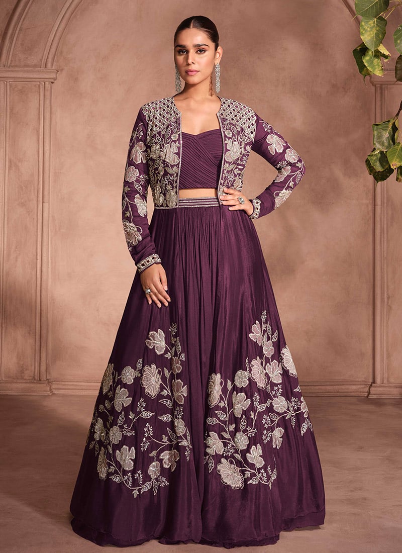 Wine Chinon Silk Zari Embroidered Sequins  Indowestern Jacket Lehenga Set