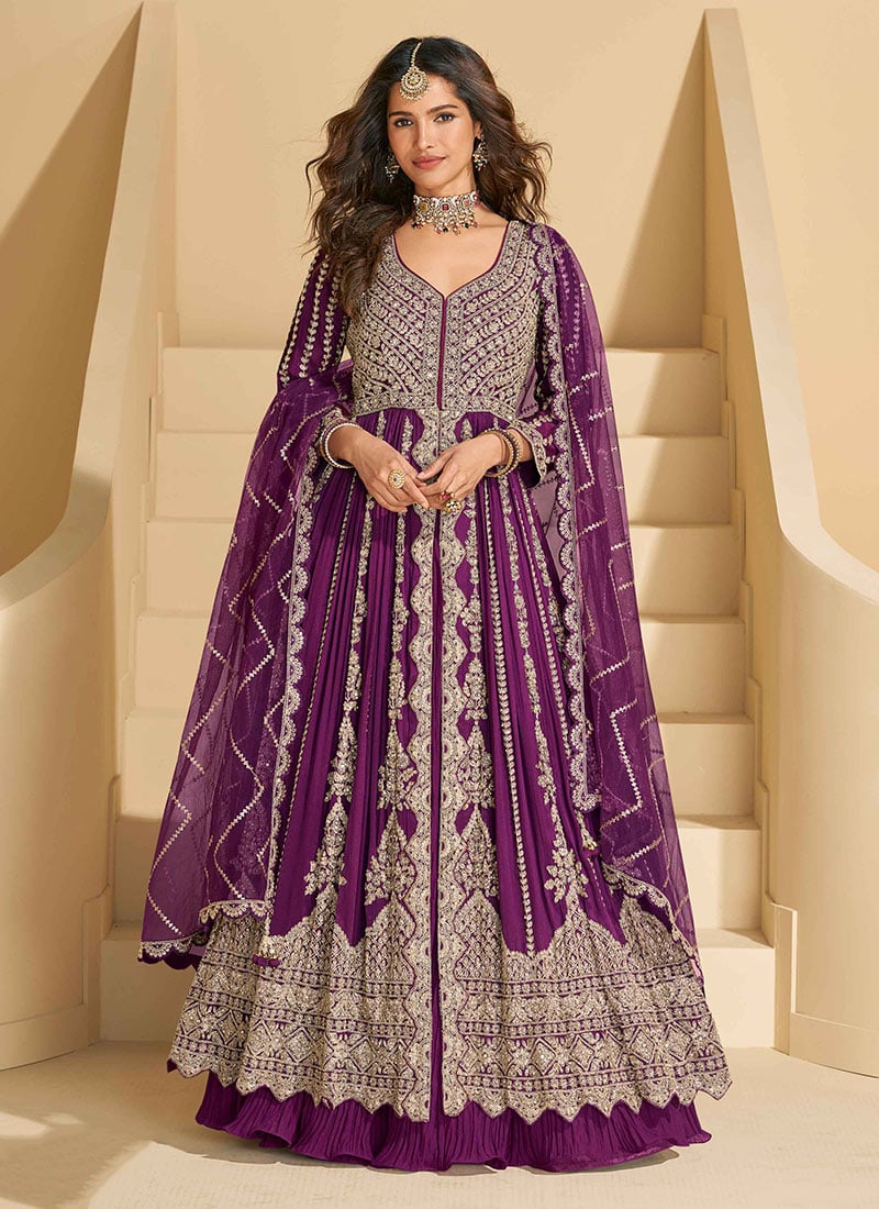 Wine Chinon Silk Zari Embroidered Sequins With Stone Work Anarkali Lehenga Wedding Wear