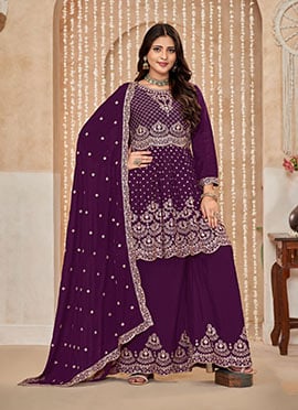 Wine Chinon Zari Embroidered Sequins Palazzo Suit