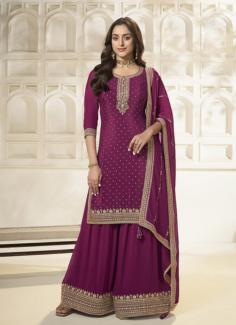 Wine Chinon Zari Embroidered Sequins Palazzo Suit