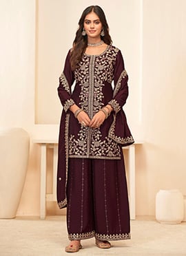 Wine Chinon Zari Embroidered Sequins With Stone Work High Slit Palazzo Suit
