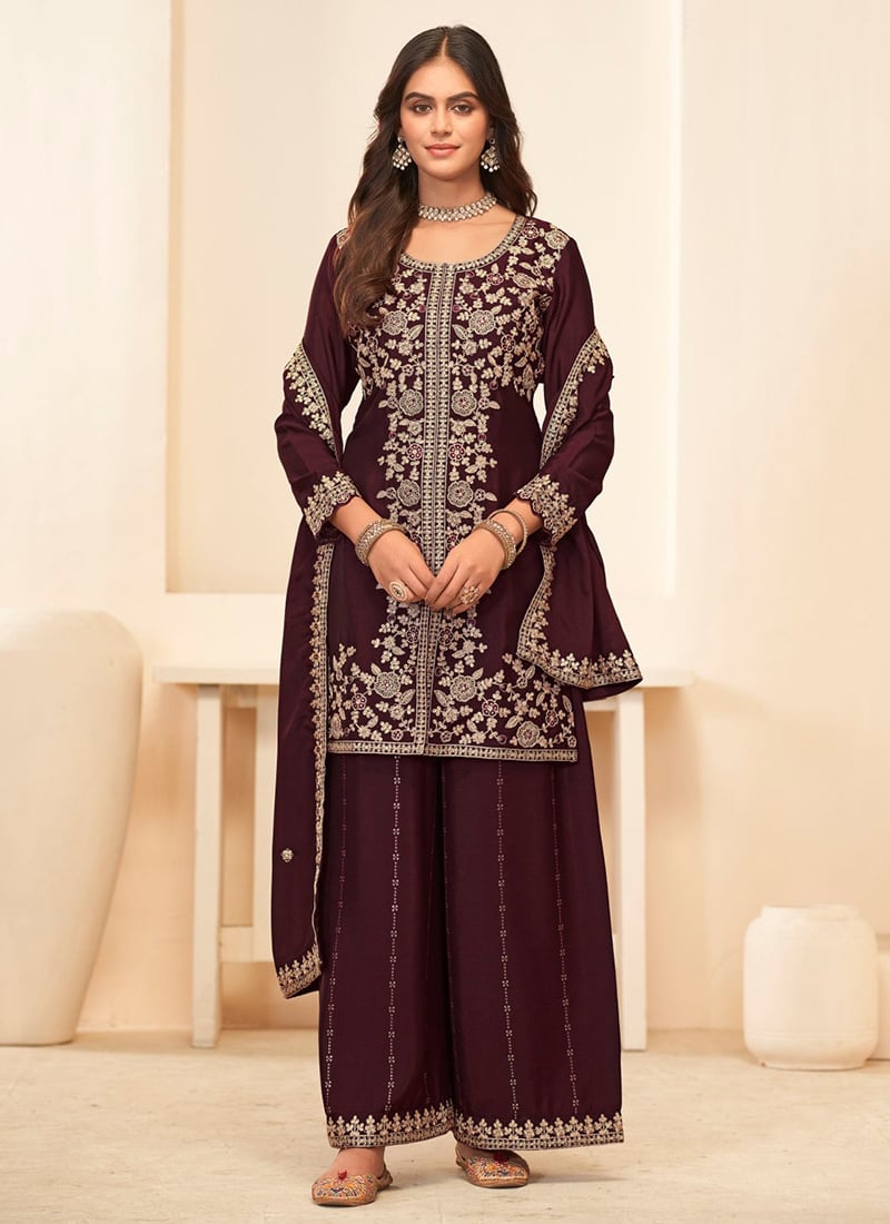Wine Chinon Zari Embroidered Sequins With Stone Work High Slit Palazzo Suit Festive Wear