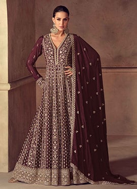 Wine Chinon Zari Sequins Beads Embroidered A Line Anarkali Suit