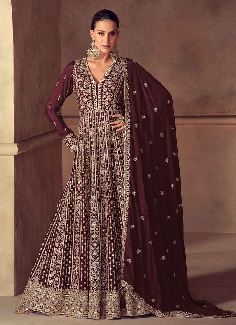 Wine Chinon Zari Sequins Beads Embroidered A Line Anarkali Suit Festive Wear