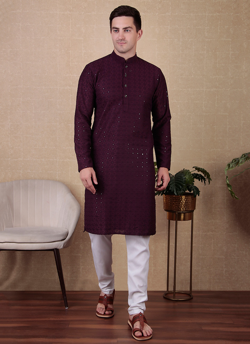 Wine Cotton Chikankari Sequins Kurta Pyjama Festive Wear