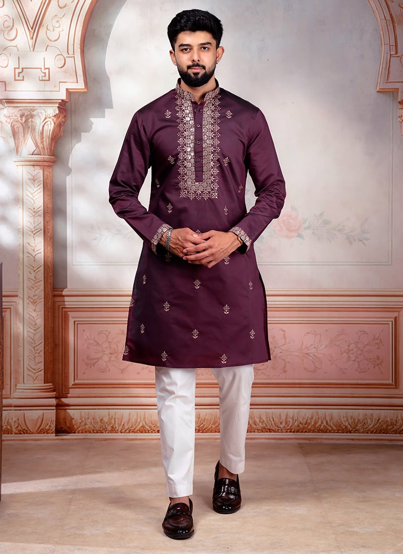 Wine Cotton Embroidered Kurta Pyjama For Men Festive Wear
