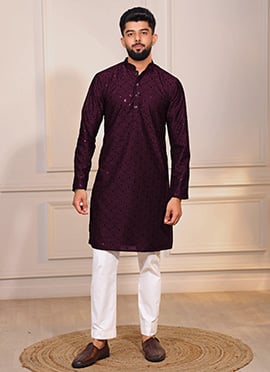 Wine Cotton Embroidered Sequins Kurta Pyjama For Men