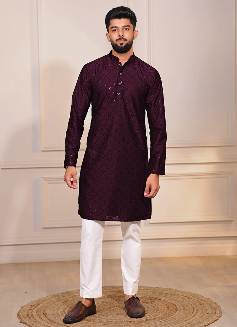 Wine Cotton Embroidered Sequins Kurta Pyjama For Men