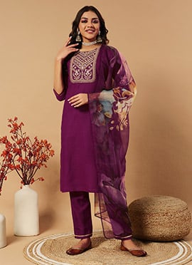 Wine Cotton Embroidered Sequins Straight Pant Suit With Digital Print Dupatta