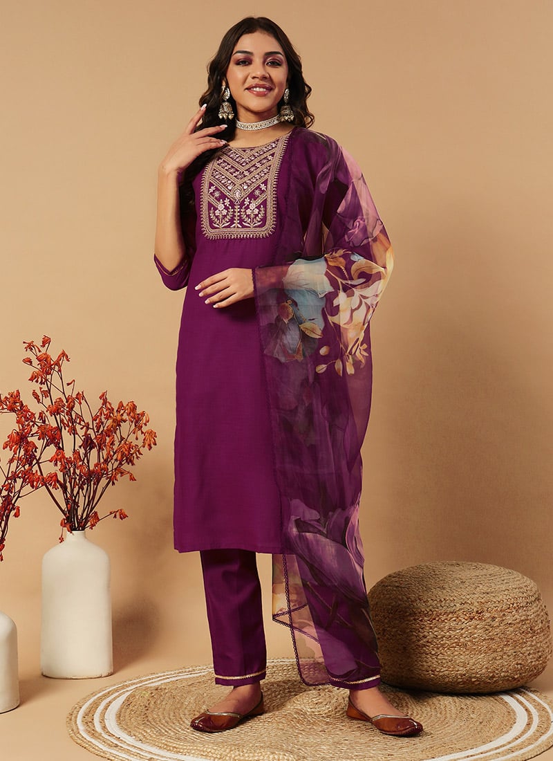 Wine Cotton Embroidered Sequins Straight Pant Suit With Digital Print Dupatta After Six Wear