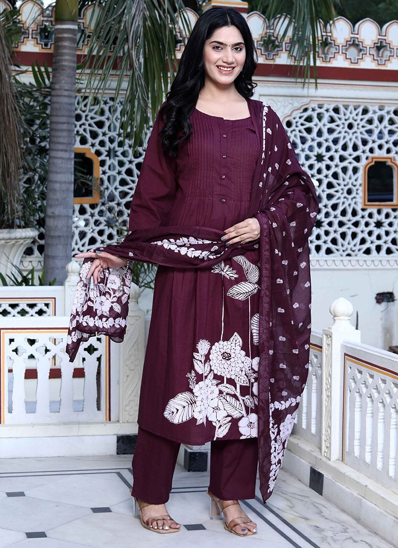Wine Cotton Floral Print Straight Pant Suit After Six Wear