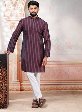 Wine Cotton Printed Kurta Pyjama For Men