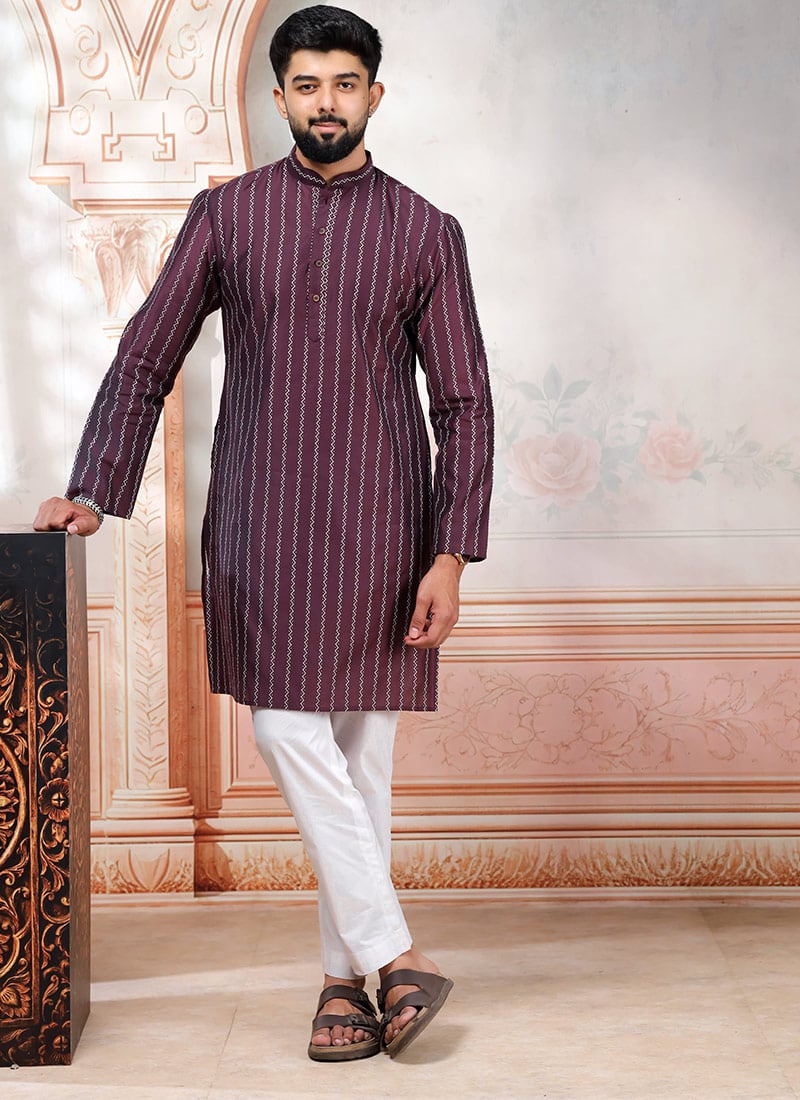 Wine Cotton Printed Kurta Pyjama For Men Festive Wear