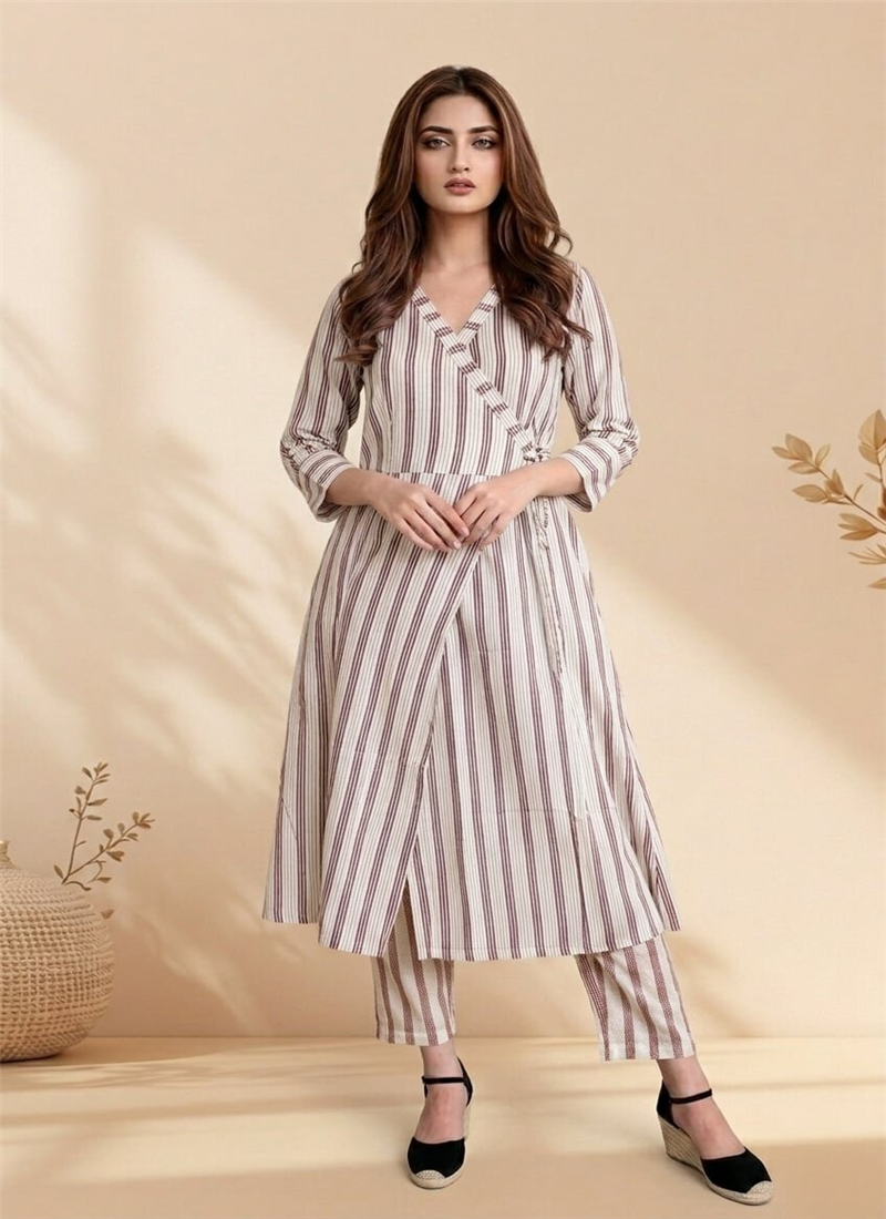 Wine Cotton Printed Wrap Style Kurta Pant Set with After Six Wear