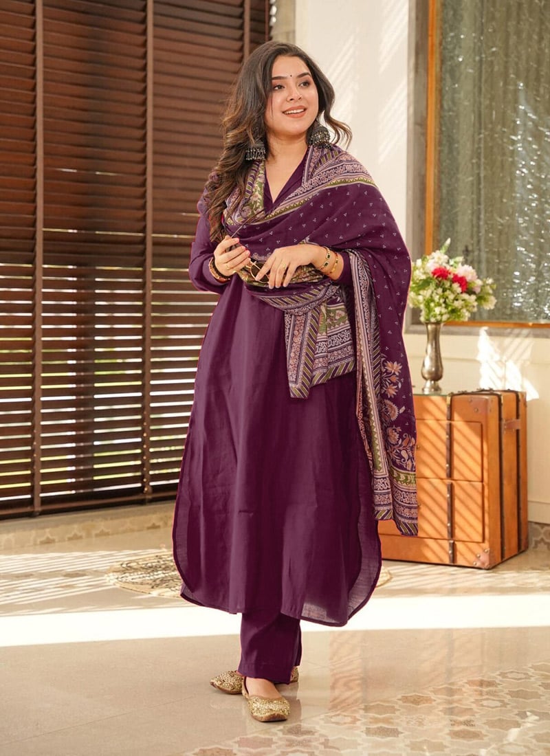 Wine Cotton Straight Pant Suit With Printed Dupatta