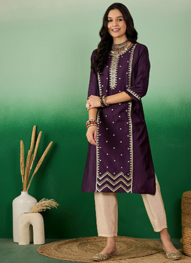 Wine Cotton Zari Sequins Long Kurti