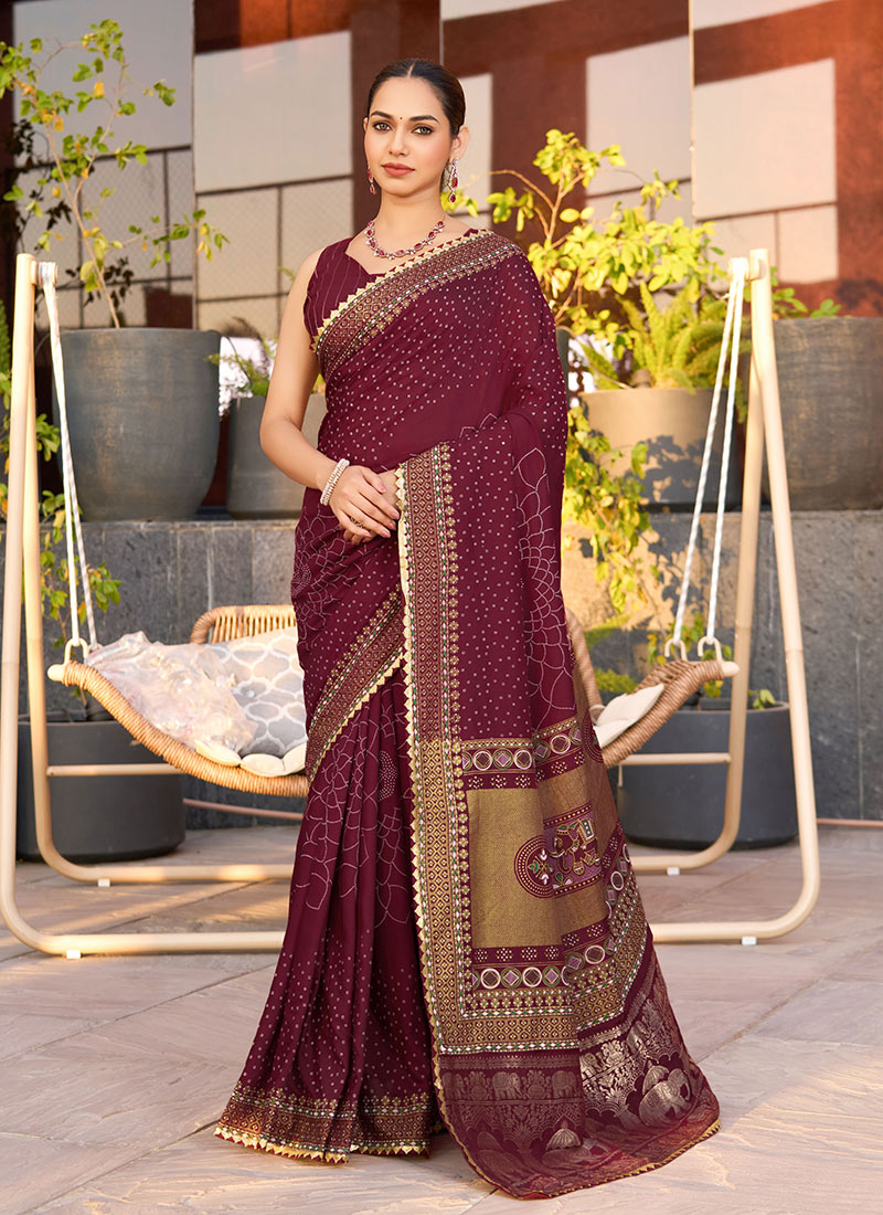 Wine Cotton Zari Woven Foil Print Saree