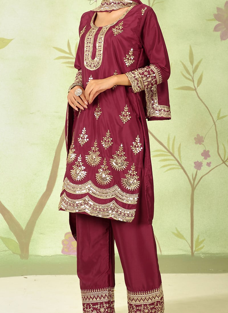 Wine Tussar Silk Neck Zari Embroidered Unstitched Suit