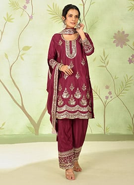 Wine Crepe Silk Zari Embroidered Sequins Straight Pant Suit Festive Wear