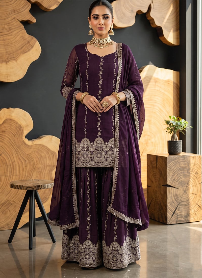 Wine Crunchy Silk Embroidered Palazzo Suit Festive Wear