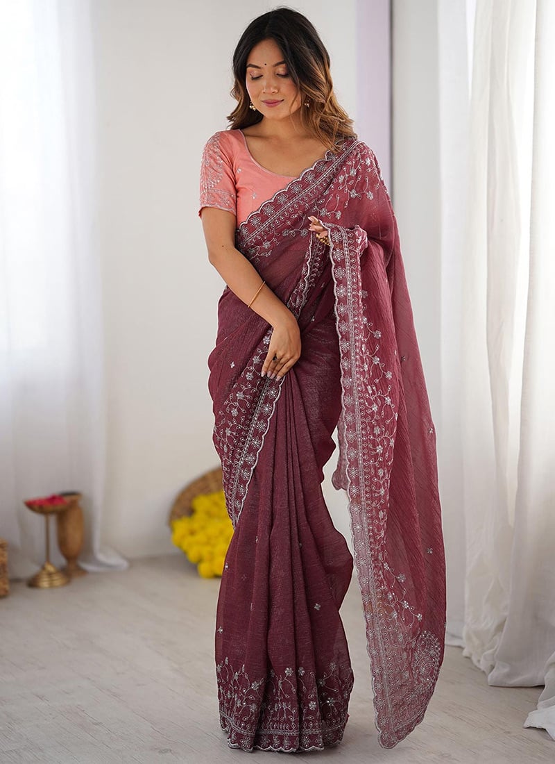 Wine Crunchy Silk Embroidered Saree After Six Wear