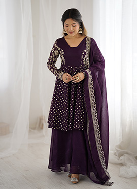Wine Crunchy Silk Embroidered Sequins Palazzo Suit