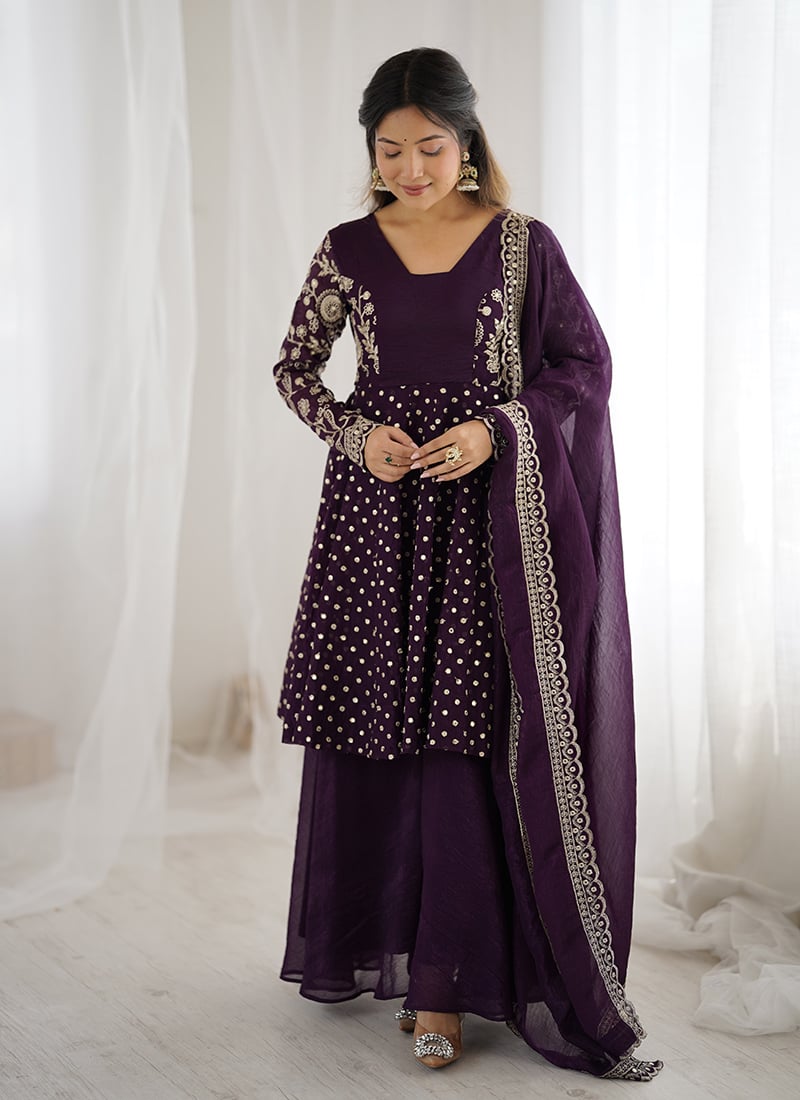 Wine Crunchy Silk Embroidered Sequins Palazzo Suit Festive Wear
