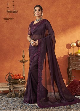 Wine Crunchy Silk Embroidered Sequins Saree