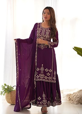 Wine Crunchy Silk Zari Embbroidered Sequins Sharara Suit
