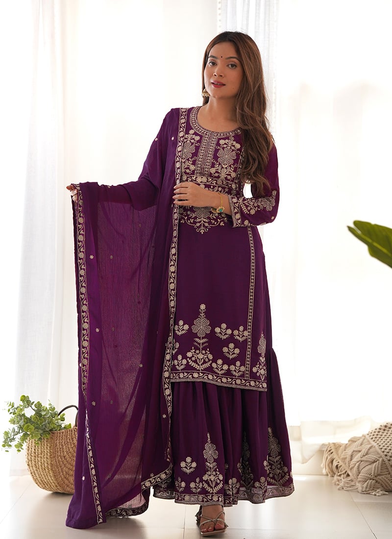 Wine Crunchy Silk Zari Embbroidered Sequins Sharara Suit Festive Wear