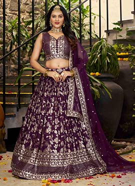 Wine Dola Silk Jacquard Zari Embroidered Sequins Lehenga Wedding Wear