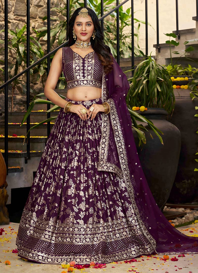 Wine Dola Silk Jacquard Zari Embroidered Sequins Lehenga Wedding Wear