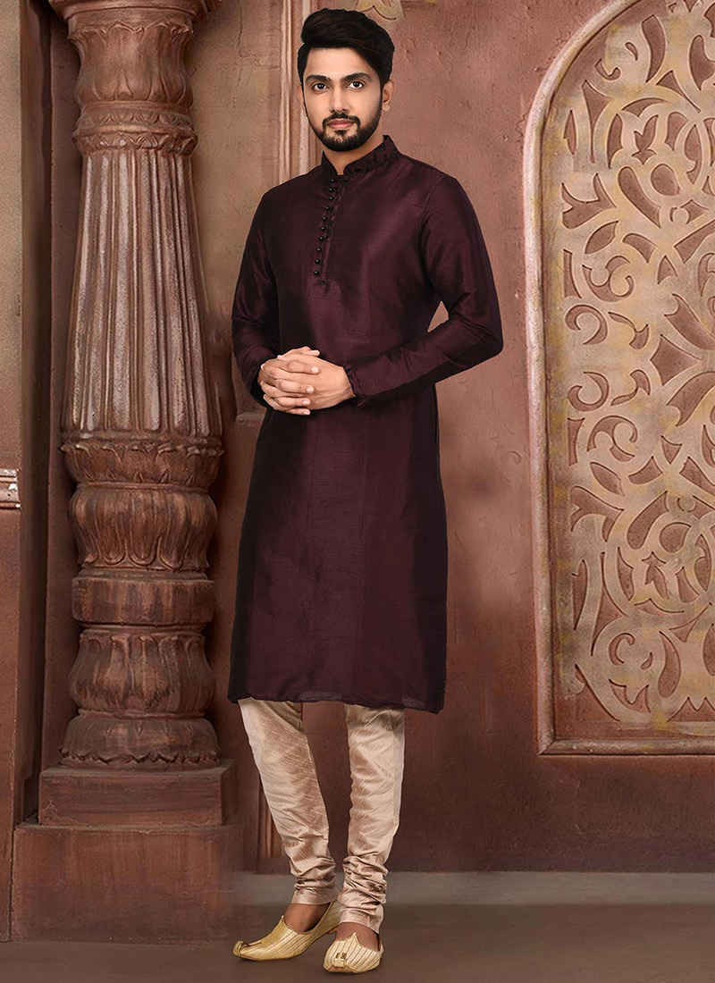 Wine Dupion Art Silk Machine Embroidered Kurta Pyjama Party Wear