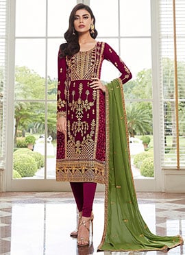 Wine Embroidered Churidar Suit