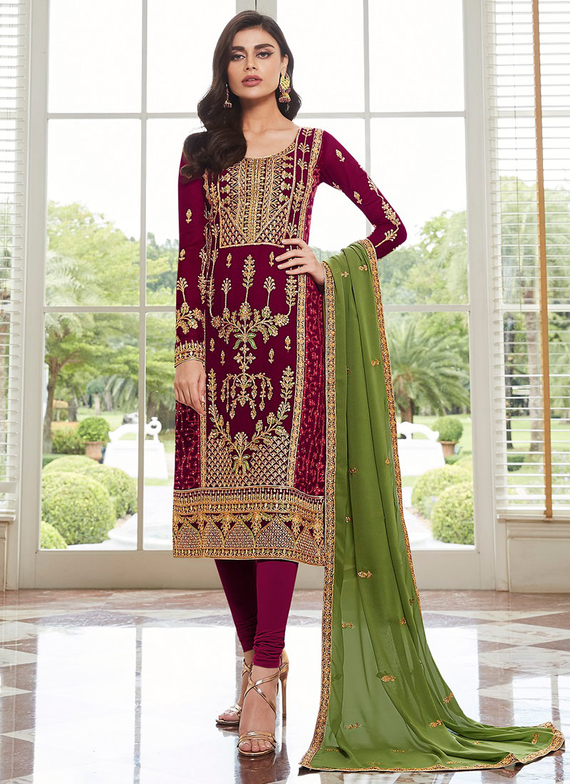 Wine Embroidered Churidar Suit Party Wear