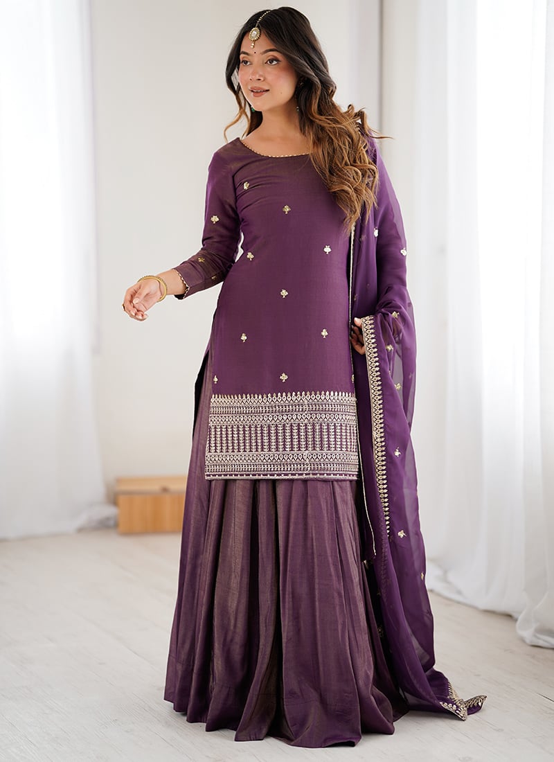 Wine Embroidered Sequins Silk Palazzo Suit Festive Wear
