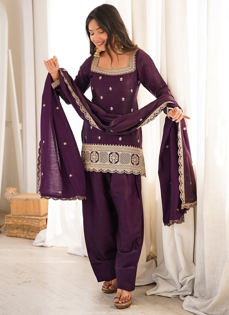 Wine Embroidered Sequins Silk Farshi Suit Festive Wear
