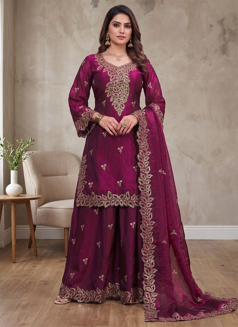 Wine Embroidered Sequins Silk Palazzo Suit Festive Wear