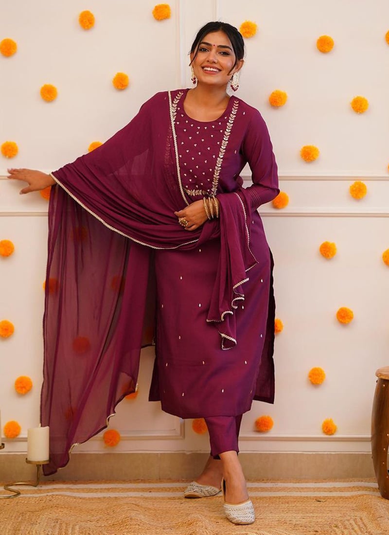 Wine Embroidered Straight Pant Suit