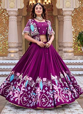 Wine Embroidered Vichitra Silk Indo Western Long Skirt Set With Attached Jacket Crop Top