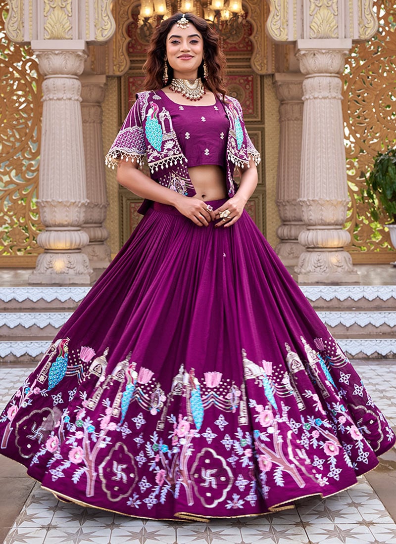 Wine Embroidered Vichitra Silk Indo Western Long Skirt Set With Attached Jacket Crop Top Festive Wear