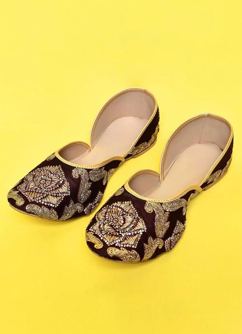 Wine Embroidered With Stone Work Dupion Silk Juti For Women 