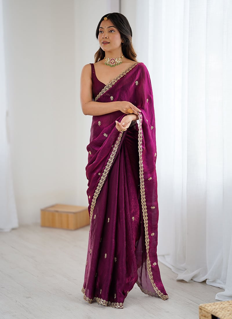 Wine Fandy Satin Embroidered Sequins Two Tone Saree After Six Wear
