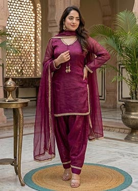 Wine Fandy Satin Mirror And Moti Embellished Salwar Suit