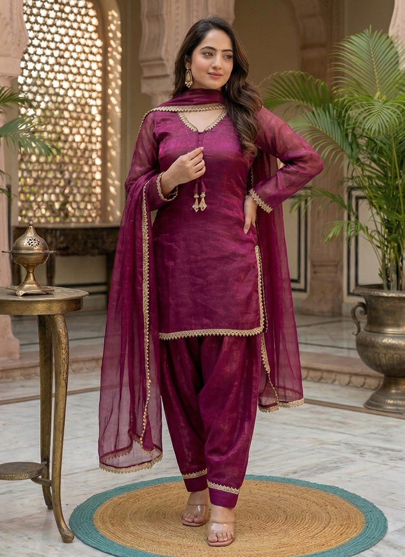 Wine Fandy Satin Mirror And Moti Embellished Salwar Suit After Six Wear