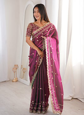 Wine Fandy Silk Embroidered Sequins Saree