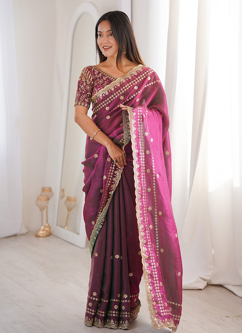 Wine Fandy Silk Embroidered Sequins Saree Festive Wear