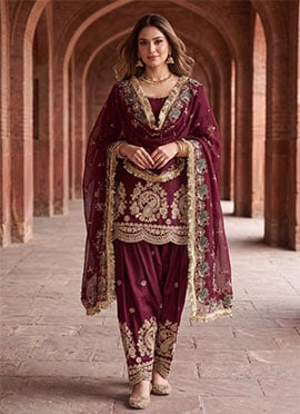 Wine Fandy Silk Embroidered Straight Pant Suit